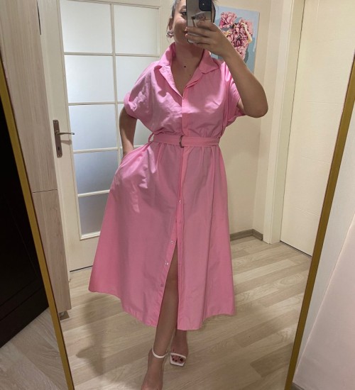 Gömlek Yaka Boydan Düğmeli Kemerli Elbise / Pembe Gömlek Yaka Boydan Düğmeli Kemerli Elbise / Pembe