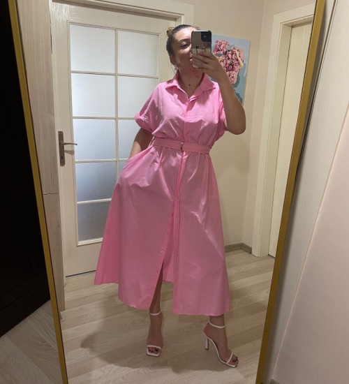 Gömlek Yaka Boydan Düğmeli Kemerli Elbise / Pembe Gömlek Yaka Boydan Düğmeli Kemerli Elbise / Pembe