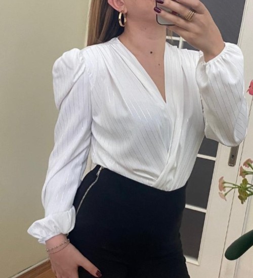 Parlak Çizgili Bodysuit Bluz - EKRU Parlak Çizgili Bodysuit Bluz - EKRU