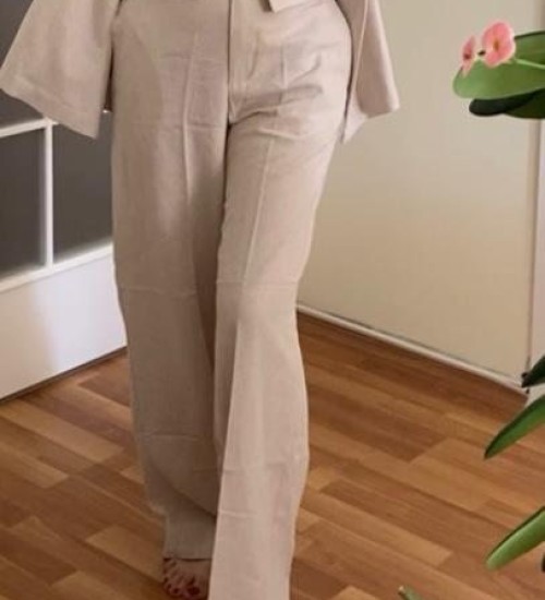 Keten Kumaş Pantolon-Krem Keten Kumaş Pantolon-Krem