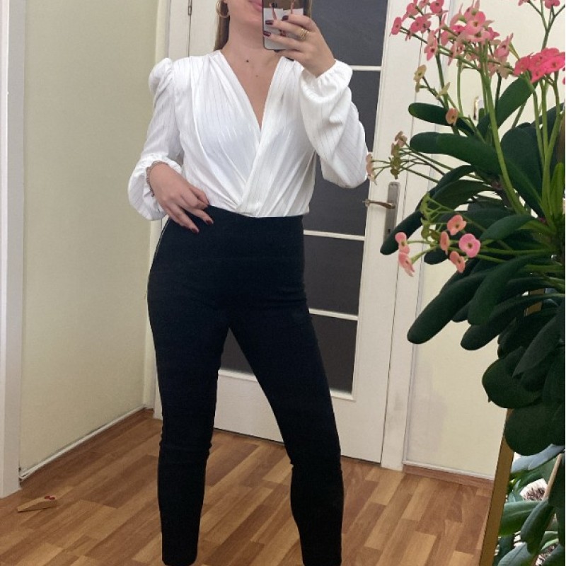 Parlak Çizgili Bodysuit Bluz - EKRU