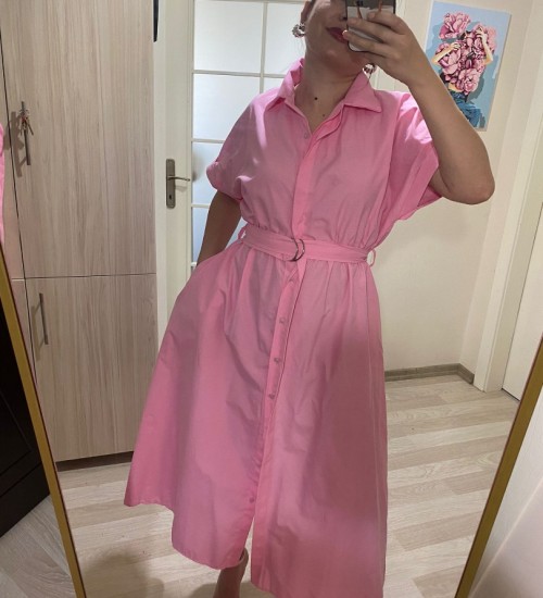 Gömlek Yaka Boydan Düğmeli Kemerli Elbise / Pembe Gömlek Yaka Boydan Düğmeli Kemerli Elbise / Pembe