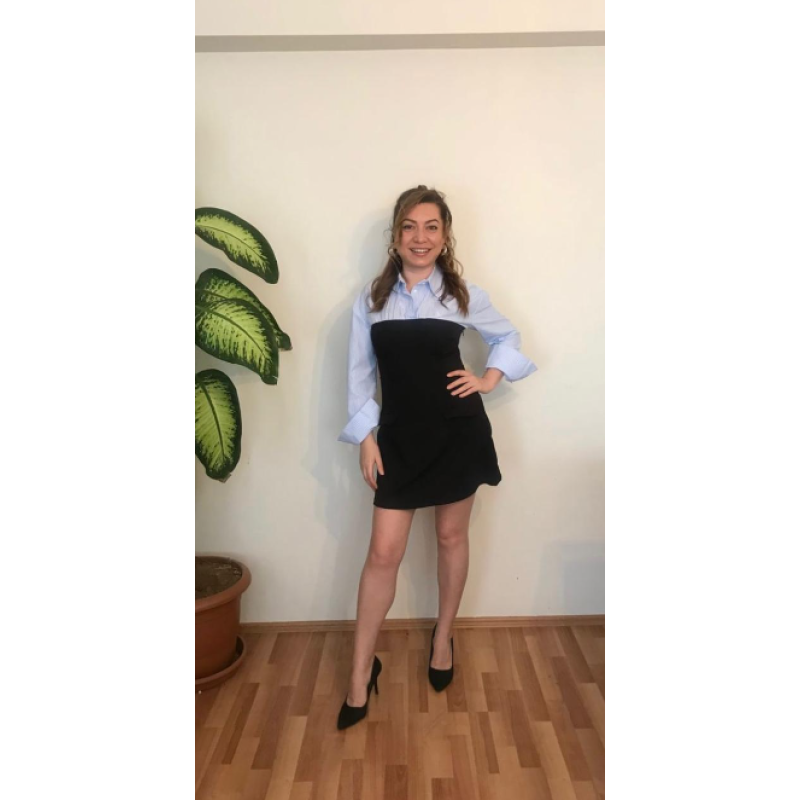 GARNİLİ ÇİZGİLİ MİNİ GÖMLEK ELBİSE 